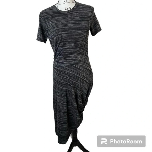 Athleta Downtown Dress XS - Gray & Black Striped with Ruched Side Waist - Picture 2 of 9